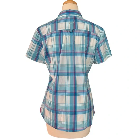 KUHL Women’s Plaid Button Up Short Sleeve Hiking Shirt Blue White Purple Medium - Picture 3 of 12